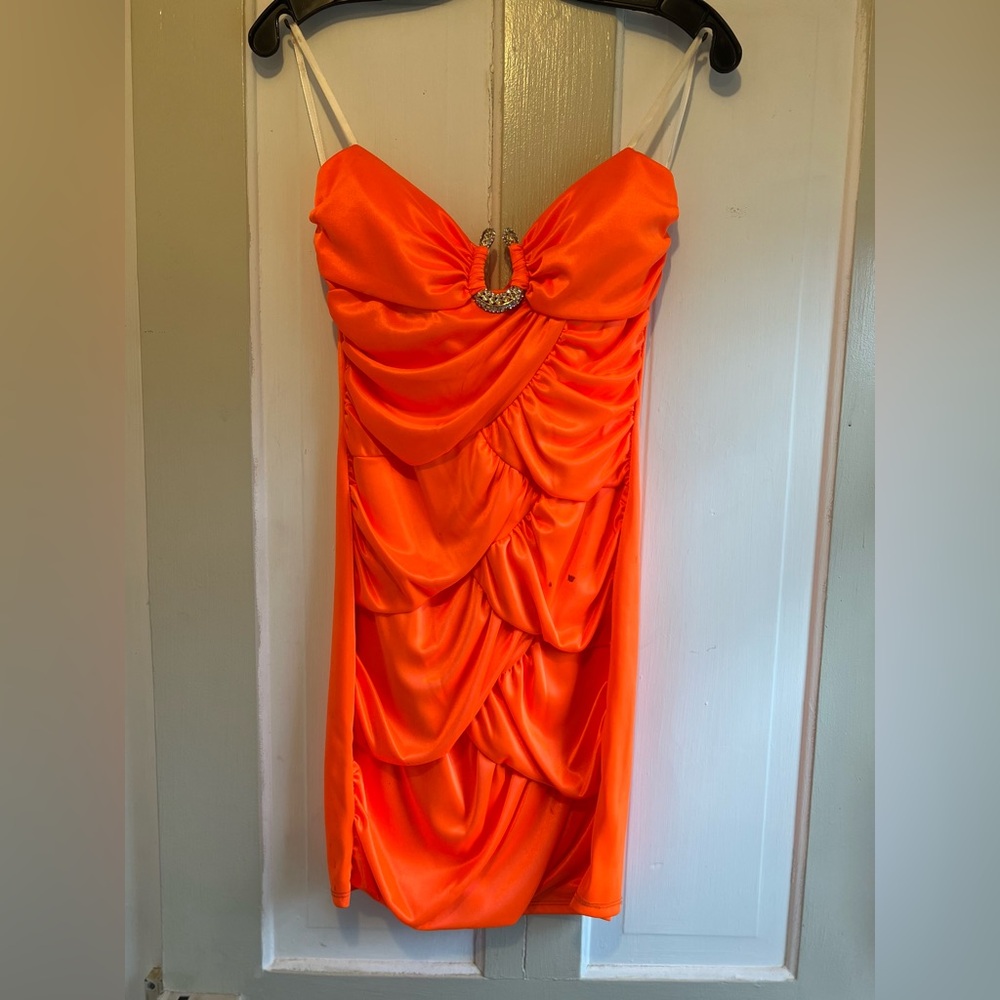 Deb Orange Embellished Ruched Cocktail Dress